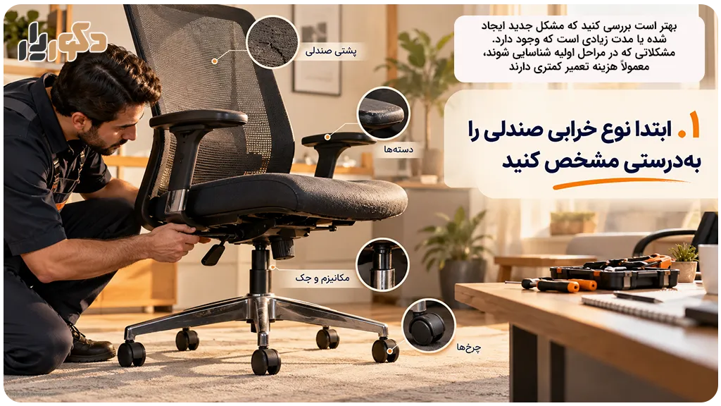 قبل از تعمیر صندلی اداری، نوع خرابی را به‌درستی مشخص کنید