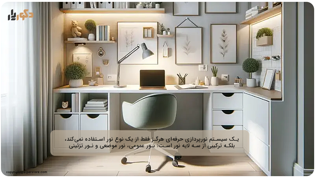 ترکیب نور عمومی، موضعی و تزئینی در نورپردازی دفتر کار 