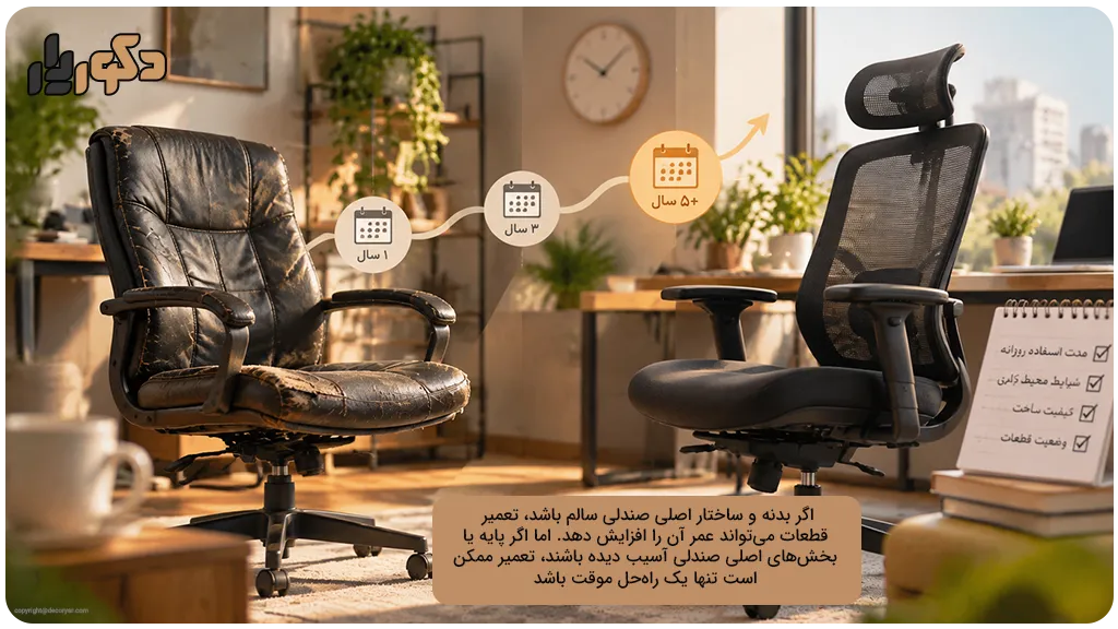 تأثیر عمر صندلی در تصمیم برای تعمیر صندلی اداری